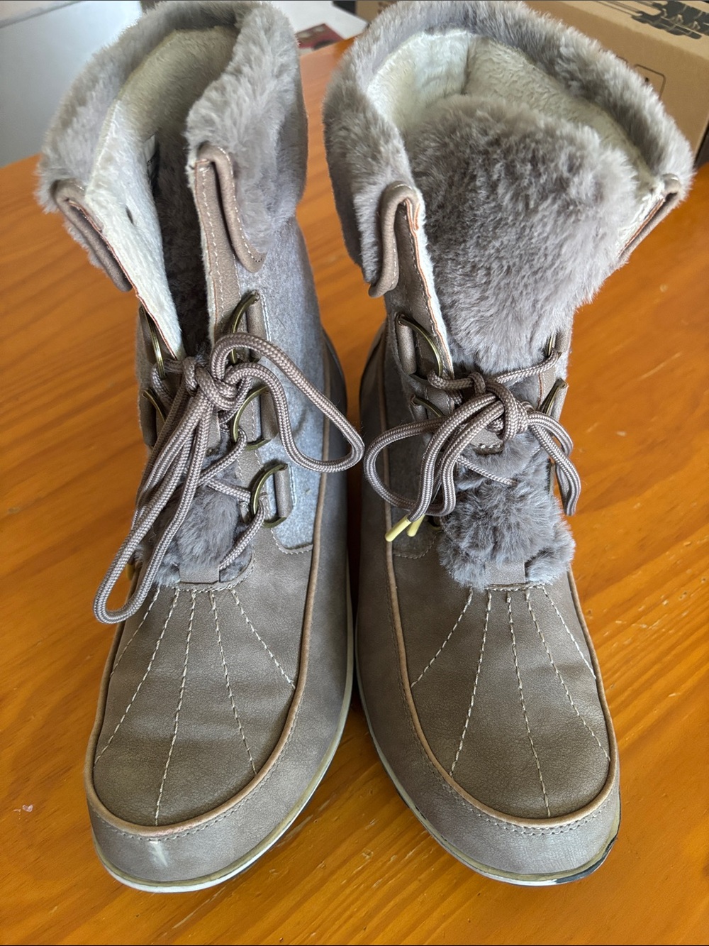 JBU Gray Faux-Fur Lace-Up Winter Boots with Pom Detail